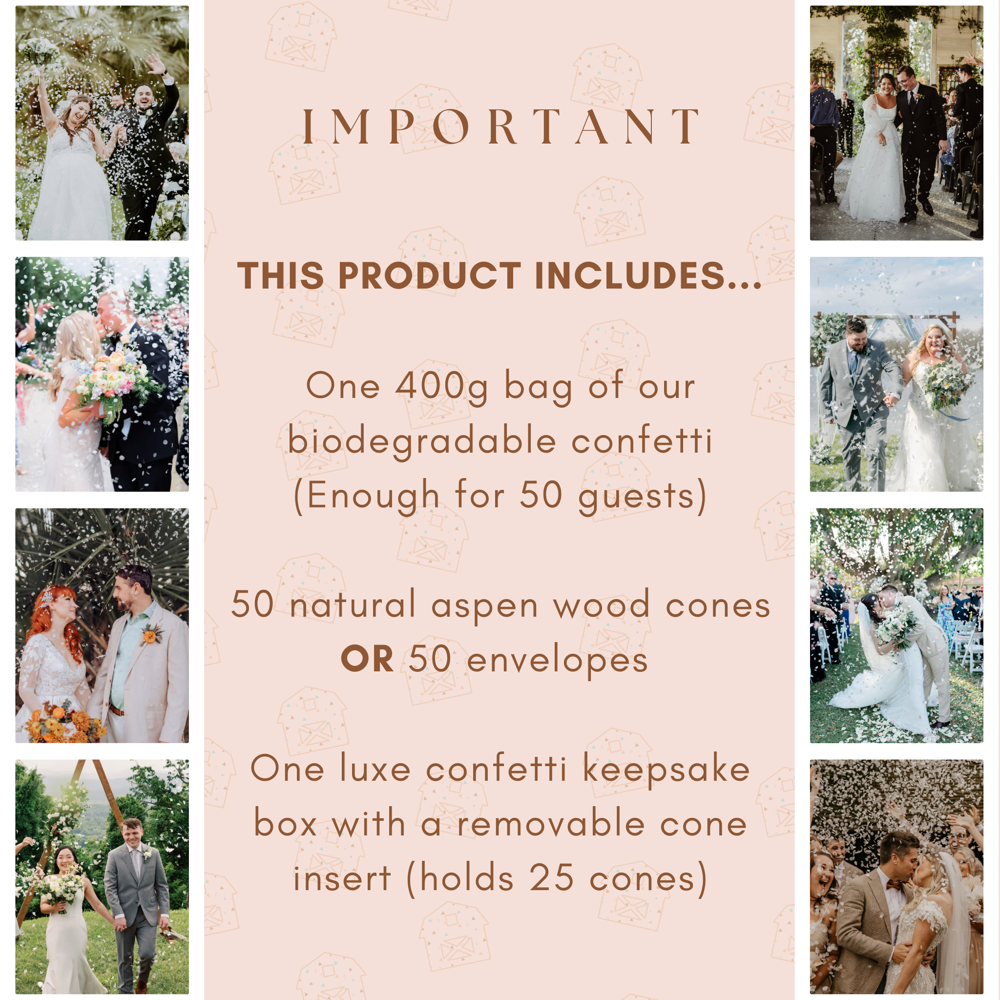 Luxe Wedding Confetti Keepsake Box with Confetti Cone Holders - includes enough confetti & cones or envelopes for 50 people